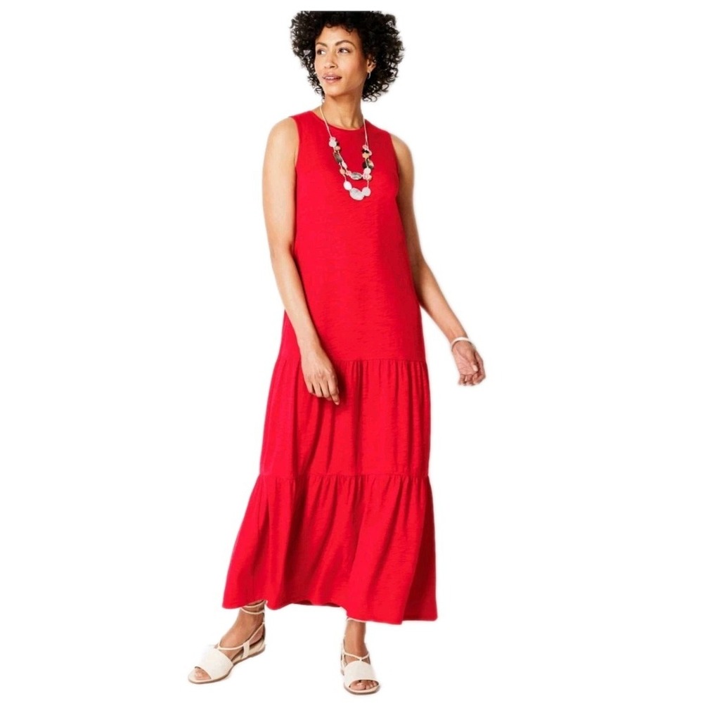 J. Jill Tiered Slub Knit Maxi Dress‎ Red Geranium Sleeveless Stretch XL Beachy